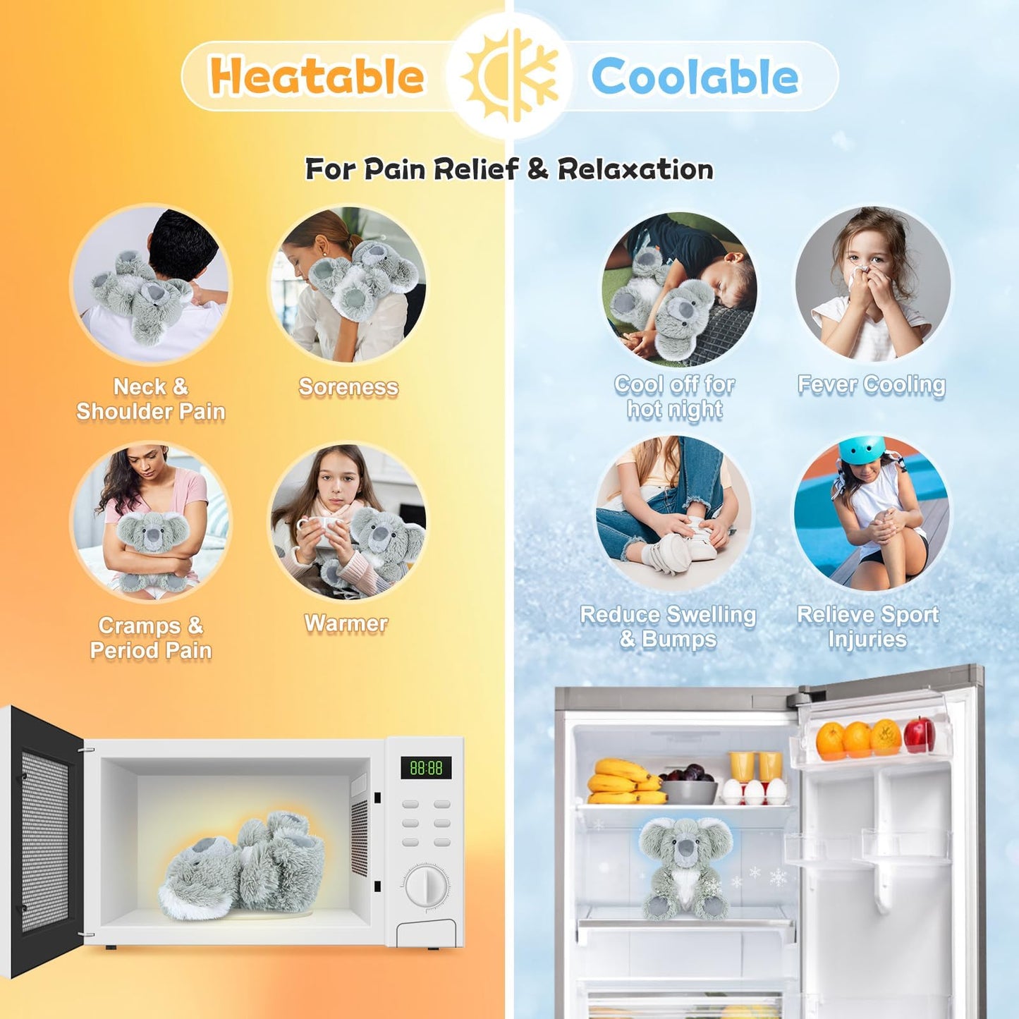 Coussin chauffant Koala pour soulagement crampes, stress & détente, peluche parfum lavande