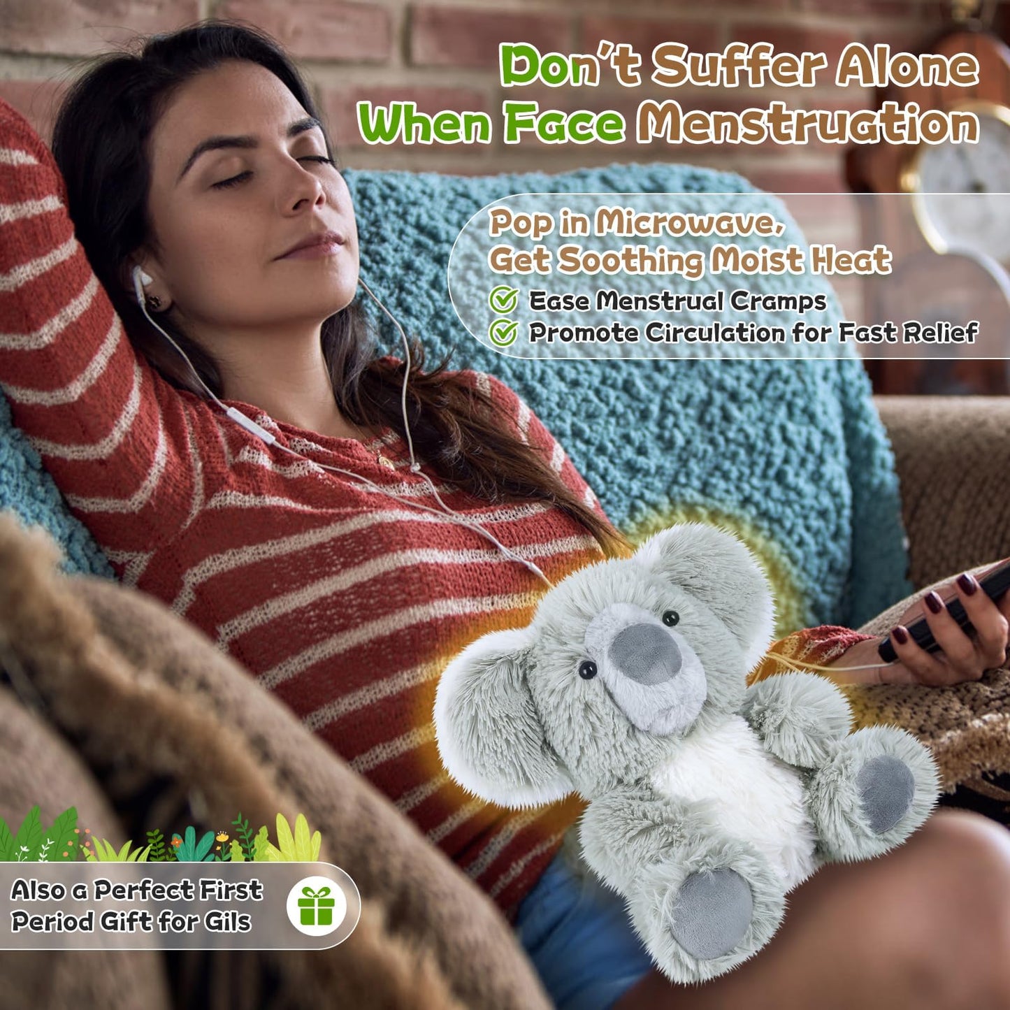 Coussin chauffant Koala pour soulagement crampes, stress & détente, peluche parfum lavande